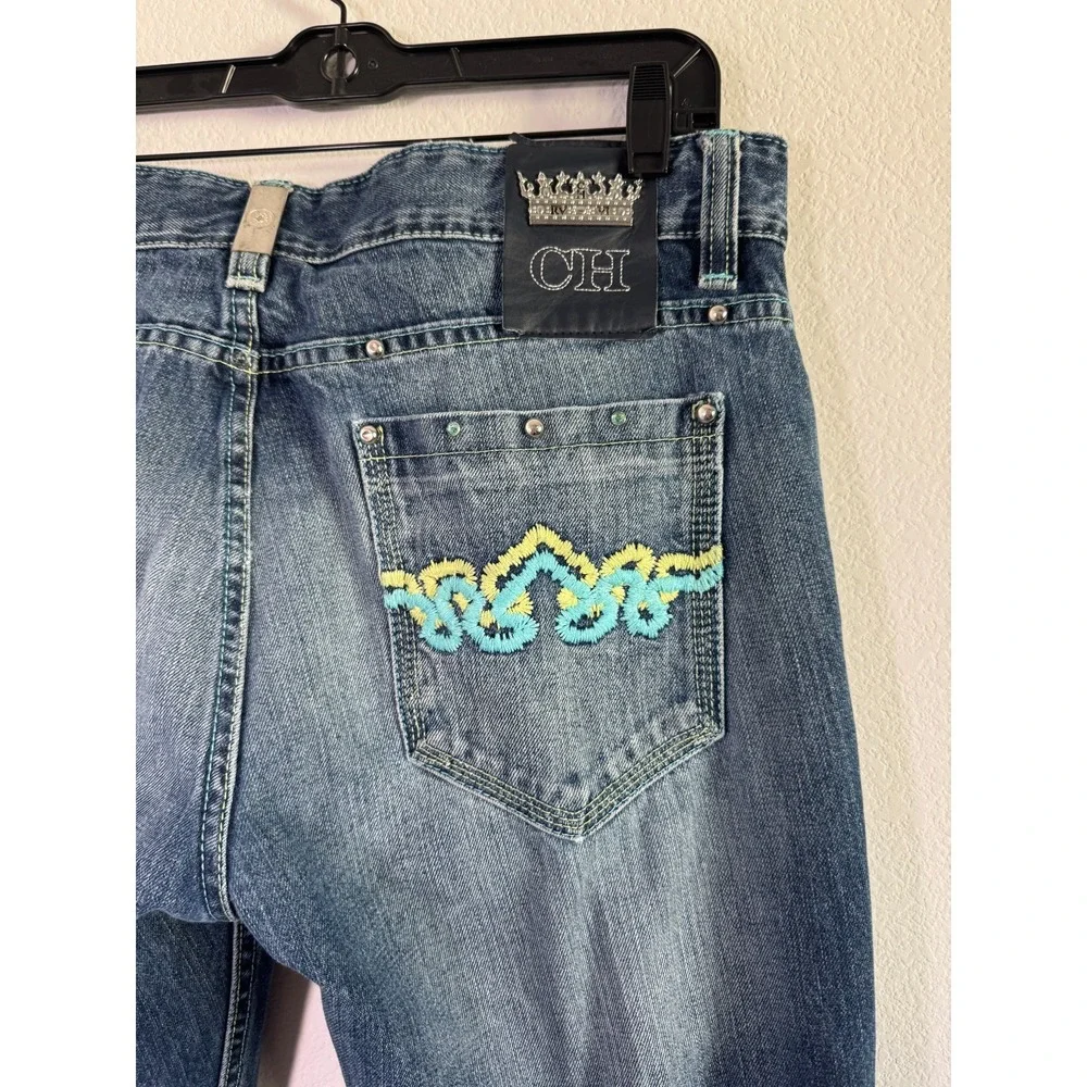 Crown Holder Straight Jeans Men 34 Blue Denim Cotton Beaded Embroidered Mid Rise